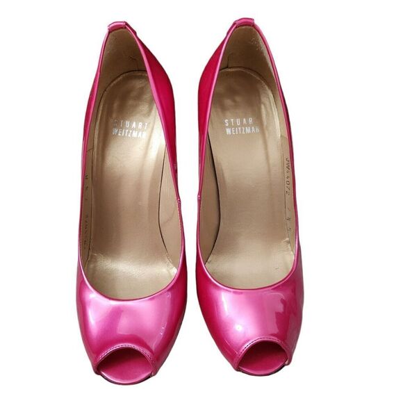 Stuart Weitzman High Heels Size 7.5 Barbie Pink Patent Leather Peep Toe Party‎ - Picture 1 of 9